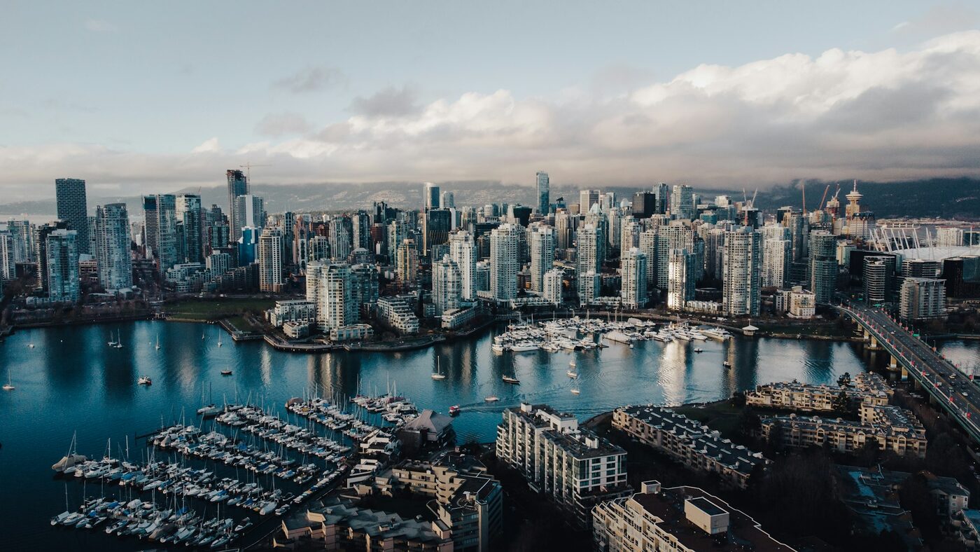 The Vancouver skyline and harbour at dusk